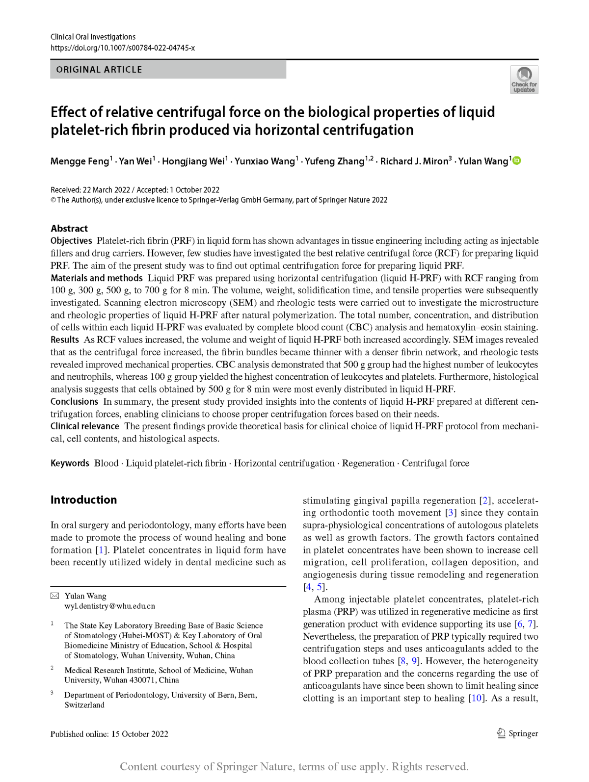 Effect of relative centrifugal force on the biological properties of liquid platelet-rich fibrin produced via horizontal centrifugation