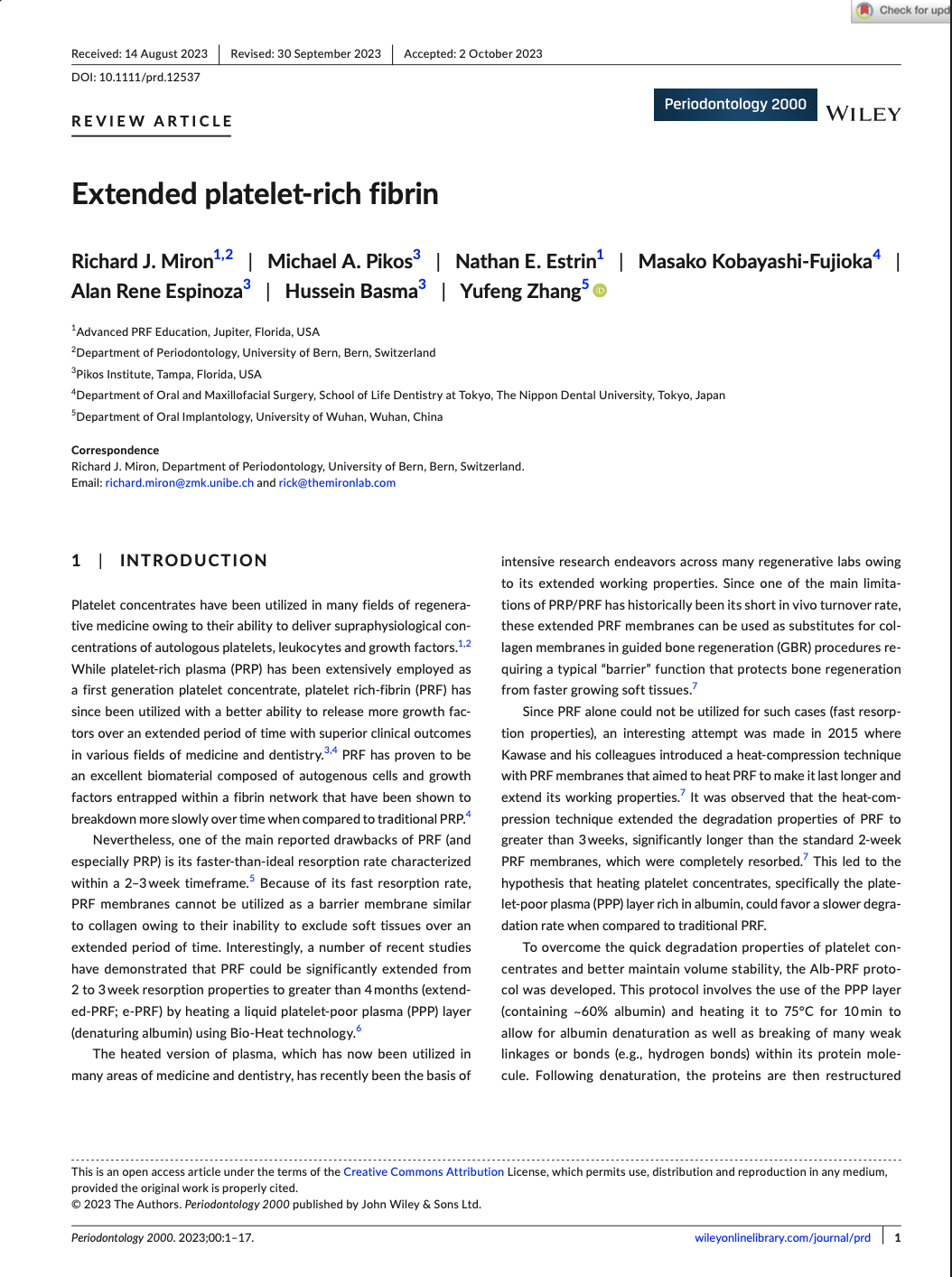 Extended Platelet Rich Fibrin by Miron et al. (2023)